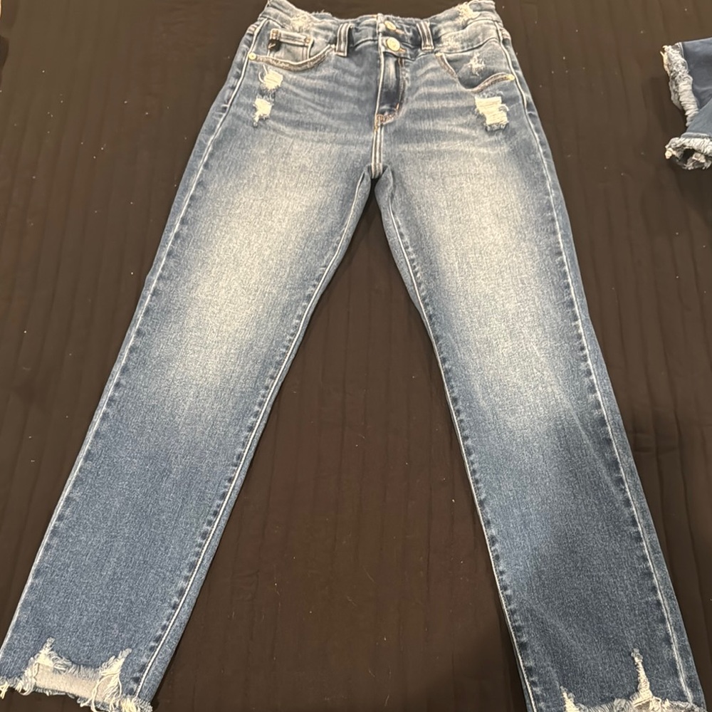 KanCan Blue Straight Leg Ankle Jeans with Distressed Hem